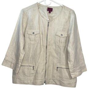 212 Collection Beige Linen-Blend Zip-Front Jacket With 3/4 Sleeves & Pockets XL